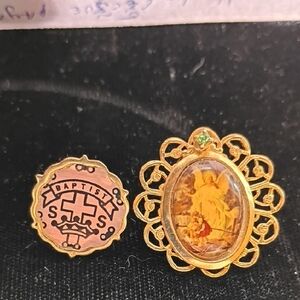 Gold Tone Angel Pendant with Green Gem, And Vintage Baptist Sunday School Pin.